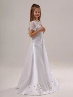 White Beaded Satin Flower Girl Dress -AYA Cosplay Shop White Beaded Satin Flower Girl Dress 14976 3