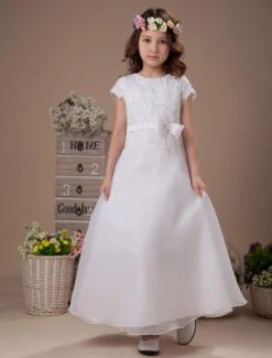 Sweet A-line White Satin Ankle-Length First Communion Dress