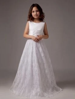White Bow A-Line Lace Satin Flower Girl Dress