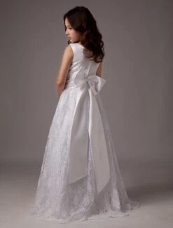White Bow A-Line Lace Satin Flower Girl Dress -AYA Cosplay Shop White Floor Length A line Satin Round Neck First Communion Dresses 143268 6