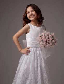 White Bow A-Line Lace Satin Flower Girl Dress -AYA Cosplay Shop White Floor Length A line Satin Round Neck First Communion Dresses 143268 8