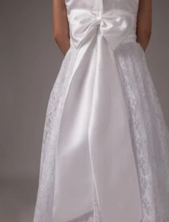White Bow A-Line Lace Satin Flower Girl Dress -AYA Cosplay Shop White Floor Length A line Satin Round Neck First Communion Dresses 143268 9
