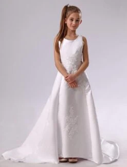 White Flower Girl Dress Backless Applique Satin Dress Free Customization