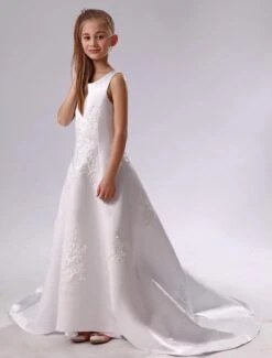 White Flower Girl Dress Backless Applique Satin Dress Free Customization -AYA Cosplay Shop White Round Neck A line Satin First Communion Dress 143242 2