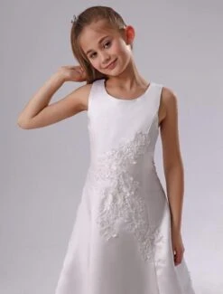 White Flower Girl Dress Backless Applique Satin Dress Free Customization -AYA Cosplay Shop White Round Neck A line Satin First Communion Dress 143242 4