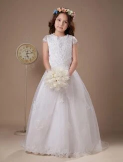 White Short Sleeves Satin Organza Flower Girl Dress