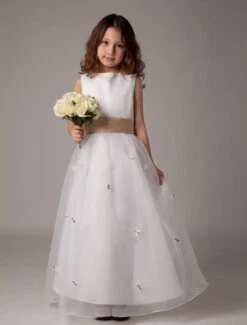 White Sleeveless Bow Sash Flower Girl Dress