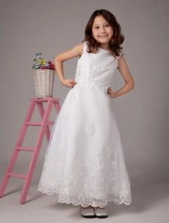 White Jewel Neck A-line Satin Cute Flower Girl Dress