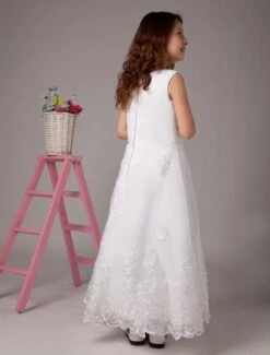 White Jewel Neck A-line Satin Cute Flower Girl Dress -AYA Cosplay Shop White Sleeveless Embroidery Lace Sequin Beading Satin Flower Girl Dress 14838 3