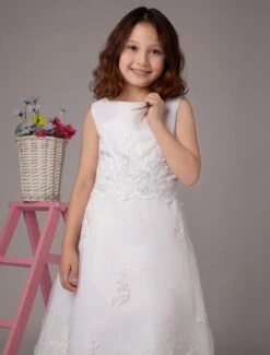 White Jewel Neck A-line Satin Cute Flower Girl Dress -AYA Cosplay Shop White Sleeveless Embroidery Lace Sequin Beading Satin Flower Girl Dress 14838 4
