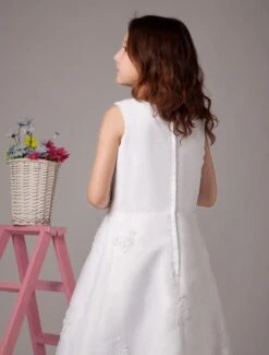 White Jewel Neck A-line Satin Cute Flower Girl Dress -AYA Cosplay Shop White Sleeveless Embroidery Lace Sequin Beading Satin Flower Girl Dress 14838 5