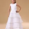 Flower Girl Dress White A Line Kids Pageant Dress Organza Ruffles Tiered Sash Floor Length First Communion Dress -AYA Cosplay Shop White Sleeveless Ruffles Satin Flower Girl Dress 14877 2