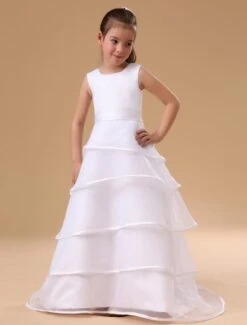Flower Girl Dress White A Line Kids Pageant Dress Organza Ruffles Tiered Sash Floor Length First Communion Dress