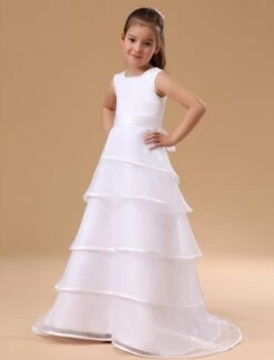 Flower Girl Dress White A Line Kids Pageant Dress Organza Ruffles Tiered Sash Floor Length First Communion Dress -AYA Cosplay Shop White Sleeveless Ruffles Satin Flower Girl Dress 14877 4