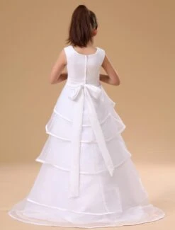 Flower Girl Dress White A Line Kids Pageant Dress Organza Ruffles Tiered Sash Floor Length First Communion Dress -AYA Cosplay Shop White Sleeveless Ruffles Satin Flower Girl Dress 14877 5
