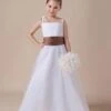 White Flower Girl Dress Straps Sash Tulle Satin Dress -AYA Cosplay Shop White Sleeveless Sash Spaghetti Satin Flower Girl Dress 14918 1