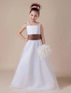 White Flower Girl Dress Straps Sash Tulle Satin Dress