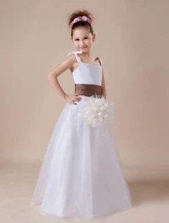 White Flower Girl Dress Straps Sash Tulle Satin Dress -AYA Cosplay Shop White Sleeveless Sash Spaghetti Satin Flower Girl Dress 14918 3