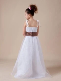 White Flower Girl Dress Straps Sash Tulle Satin Dress -AYA Cosplay Shop White Sleeveless Sash Spaghetti Satin Flower Girl Dress 14918 4