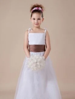 White Flower Girl Dress Straps Sash Tulle Satin Dress -AYA Cosplay Shop White Sleeveless Sash Spaghetti Satin Flower Girl Dress 14918 5