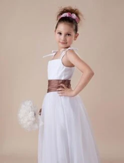 White Flower Girl Dress Straps Sash Tulle Satin Dress -AYA Cosplay Shop White Sleeveless Sash Spaghetti Satin Flower Girl Dress 14918 6