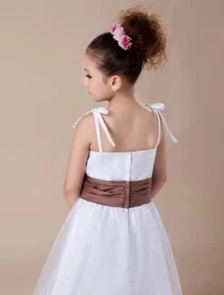 White Flower Girl Dress Straps Sash Tulle Satin Dress -AYA Cosplay Shop White Sleeveless Sash Spaghetti Satin Flower Girl Dress 14918 7