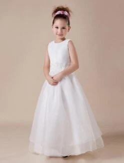 Sweet White A-line Jewel Neck Ankle-Length Flower Girl Dress -AYA Cosplay Shop White Sleeveless Satin Organza Lace Paillette Applique Flower Girl Dress 14843 2