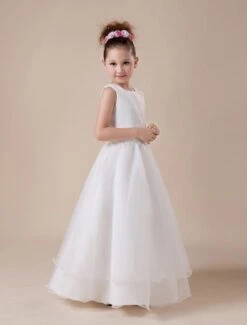 Sweet White A-line Jewel Neck Ankle-Length Flower Girl Dress -AYA Cosplay Shop White Sleeveless Satin Organza Lace Paillette Applique Flower Girl Dress 14843 3