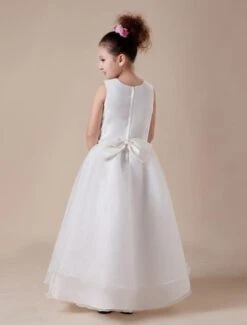 Sweet White A-line Jewel Neck Ankle-Length Flower Girl Dress -AYA Cosplay Shop White Sleeveless Satin Organza Lace Paillette Applique Flower Girl Dress 14843 4