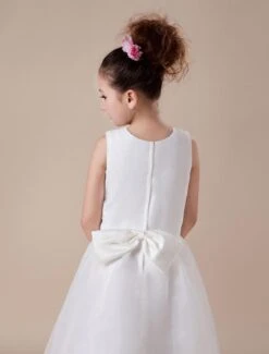 Sweet White A-line Jewel Neck Ankle-Length Flower Girl Dress -AYA Cosplay Shop White Sleeveless Satin Organza Lace Paillette Applique Flower Girl Dress 14843 5