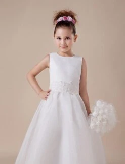 Sweet White A-line Jewel Neck Ankle-Length Flower Girl Dress -AYA Cosplay Shop White Sleeveless Satin Organza Lace Paillette Applique Flower Girl Dress 14843 6