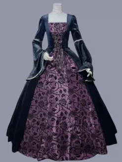 Purple Retro Costumes Women's Marie Antoinette Costume Floral Print Ruffles Polyester Tunic Dress Retro Masquerade Ball Gown