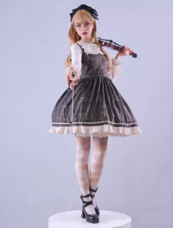 Lolitashow Exclusive Gothic Lolita Dress Lace Up Ruffles Floral Print Deep Brown Summer Tea Party Chiffon Dress -AYA Cosplay Shop a344a249cd7a488bb18f8cb95c829932