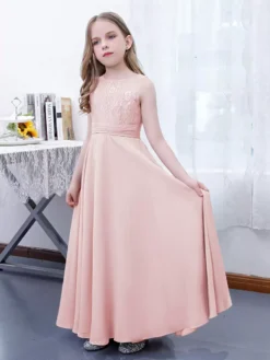 Pink Flower Girl Dress Chiffon Lace Jewel Neck Sleeveless Lotus Kids Birthday Party Dresses -AYA Cosplay Shop a3b8d17f667e448f8bf4f2ced52f5c34