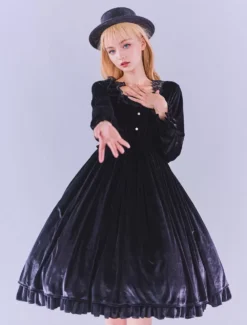 Lolitashow Exclusive Gothic Lolita Dresses Ruffles Lace Black Long Sleeve Velour Daily Casual Dress -AYA Cosplay Shop a4e06dded69244d19f3c34327d66cfbe