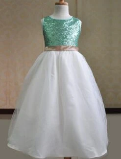 Color Block Flower Girl Dress Sequins Sash Dress