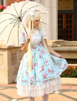 Lolitashow Light Blue Cotton Lolita One-piece Dress Flower Print Short Sleeves Chiffon Ruffles -AYA Cosplay Shop a958b319 daa0 40bc aa8b 94d4d680c15a