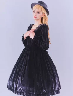 Lolitashow Exclusive Gothic Lolita Dresses Ruffles Lace Black Long Sleeve Velour Daily Casual Dress -AYA Cosplay Shop aac8c39cf4ad4d0ab47d9314c6a5378a