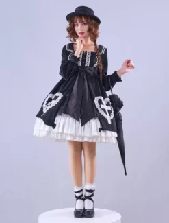 Lolitashow Exclusive Gothic Lolita Dresses Lace Ruffles Long Sleeves Black Polyester Daily Casual Dress -AYA Cosplay Shop ac07cbb17cea4f01a96a3f4bec907a9f