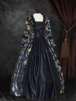 Black Gold Retro Costumes Girl's Floral Print Marie Antoinette Costume Lace Up Satin Fabric Set Dress Choker Gothic 18th Century Costume