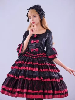 Lolitashow Exclusive Gothic Lolita Dresses Lace Flowers Jacquard Black Tea Party Half-Sleeve Dress -AYA Cosplay Shop ad5c6895be8e401eb69f285dc2c187de