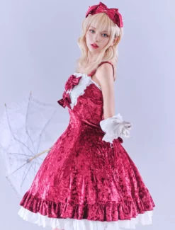 JSK Lolitashow Exclusive Sweet Lolita Dress Velour Sleeveless Jumper Lace Bows Ruffles Daily Casual Dress -AYA Cosplay Shop afa1807316804ccda9a379f67be96cda