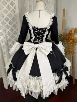 Lolitashow Exclusive Black Gothic Lolita Dress Chiffon Bow Ruffles Color Block Long Sleeve Tea Party Dress -AYA Cosplay Shop b0cdb6c49da34a8a8ef01fac345e599d