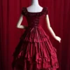 Lolitashow Sweet Lolita Dress Burgundy Ruffles Cotton Dress For Women -AYA Cosplay Shop b2877234 7011 44cf b65b cff505528d05