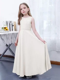 Pink Flower Girl Dress Chiffon Lace Jewel Neck Sleeveless Lotus Kids Birthday Party Dresses -AYA Cosplay Shop b36182618ea04ca19332dd46cdad9865