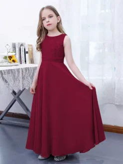 Pink Flower Girl Dress Chiffon Lace Jewel Neck Sleeveless Lotus Kids Birthday Party Dresses -AYA Cosplay Shop b36cf1f6e212439a9891c59ff57d987d