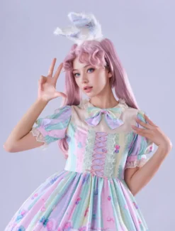Lolitashow Exclusive Sweet Lolita Dress Chiffon Short Sleeves Spring Daily Casual Tea Party Bows Dress -AYA Cosplay Shop b3b0dcde6ce841a8b23230d257306498