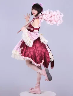 Lolitashow Exclusive Chinese Style Lolita Dress Bows Sleeveless Chiffon Floral Print Burgundy Tea Party Dress -AYA Cosplay Shop b669120f66b84dcb873e43b69f581299