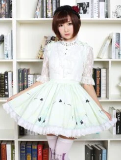Lolitashow Sweet Lolita Dress In Light Green Printed Qi Lolita Suspender Skirt With White Lace Trim -AYA Cosplay Shop b82d76ea 4531 457f a603 525acc8a9304