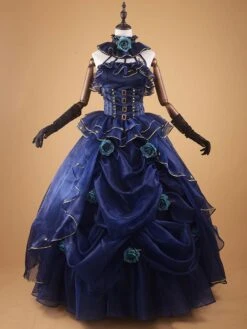 Dark Navy Retro Costume Vintage Ruffle Beaded Ball Gown Dress Costume